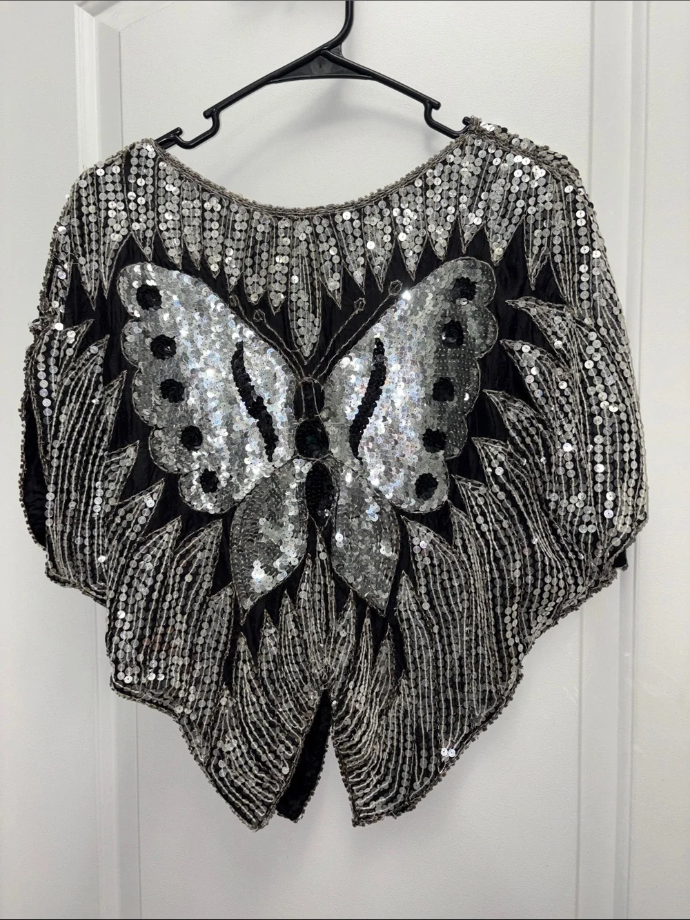 Vintage Silk Black Sheer Sequin Butterfly Poncho Top Beaded Batwing Festival